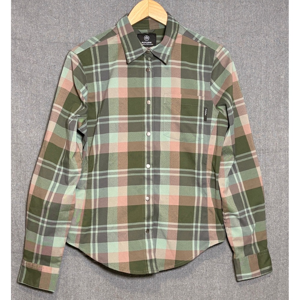 Flylow Brigitte Tech Womens Green Pink Plaid Snap Front‎ Flannel Shirt Size M